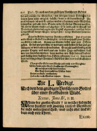 Die L. Predigt. Noch von dem gnädigen Verschonen Gottes über einer straffbahren Stadt