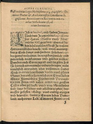 Post recitatas Leges ... Arbogastus Rechburgerus, in haec verba locutus est, ad totam Iuventutem: