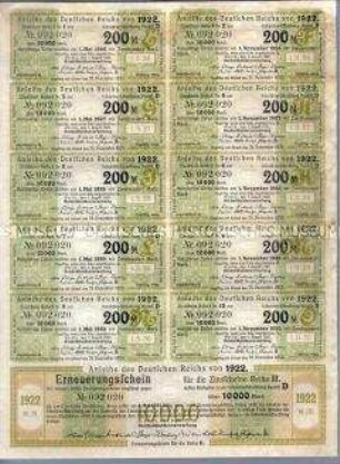 Block mit 10 Erneuerungsscheinen zur Reichsanleihe 1922