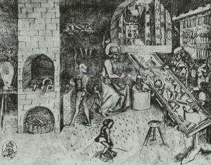 Blick in eine Goldschmiedewerkstatt : Goldschmiedewerkstatt, Stich, 15.Jh.