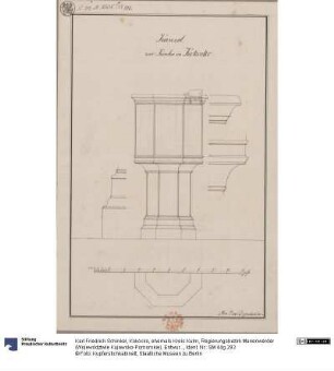 Kokocko, ehemals Kreis Kulm, Regierungsbezirk Marienwerder (Województwie Kujawsko-Pomorskie). Entwurf zur Kanzel für die evangelische Kirche. Ansicht und Details