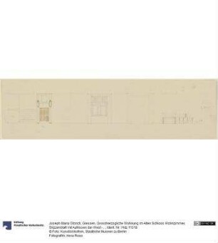 Giessen, Grossherzogliche Wohnung im Alten Schloss Wohnzimmer, Skizzenblatt mit Aufrissen der West -und Nordwand sowie Aufriss, Seitenansicht und Grundriss des Schreibtisches