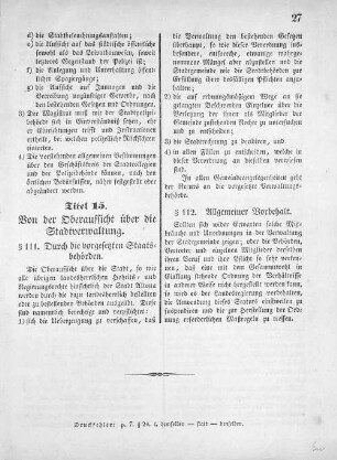 Titel 15. Von der Oberaufsicht über die Stadtverwaltung.