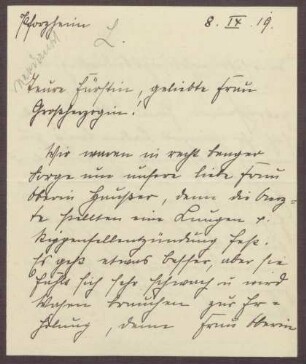 Schreiben von Anna Wippermann an die Großherzogin Luise; Erkrankung der Oberin Haußer an einer Lungenentzündung
