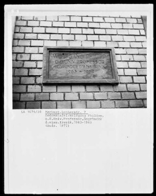 Gedenktafel für Professor Wolfgang Philipp, Begründer der wissenschaftlichen Irenik (1963-1969)