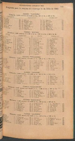 Hipódromo Argentino - Programa para la reunión del domingo 11 de julio de 1909