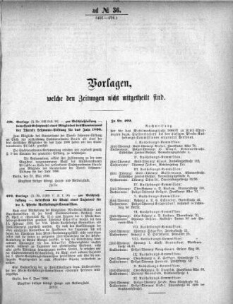 Anlage: ad No. 36 (491-494.), Vorlagen, welche den Zeitungen nicht mitgeteilt sind