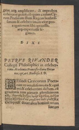 Petrus Rivander Collegii Philosophici ... S. D.