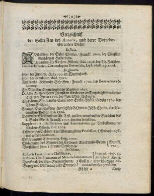 Verzeichniß der Schrifften des Autoris, und derer Vorreden über andere Bücher