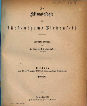 Zur Klimatologie des Fürstenthums Birkenfeld