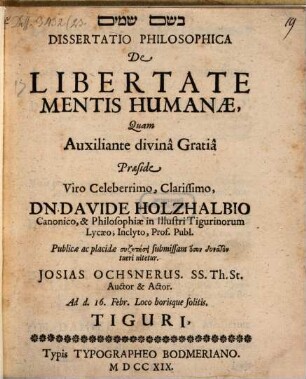 Diss. philos. de libertate mentis humanae
