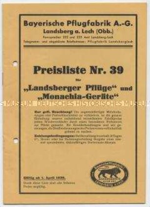 Landsberger Pflüge und Monachia-Geräte. Preisliste Nr. 39