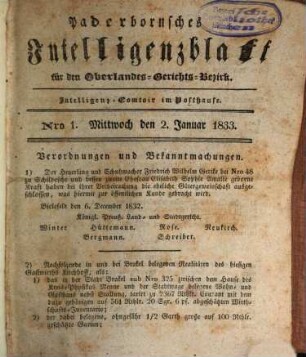 Paderbornsches Intelligenzblatt : für den Appellationsgerichts-Bezirk. 1833, 1833