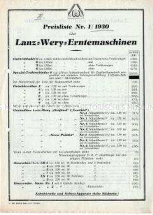 Preisliste Nr. 1/1930 über Lanz-Wery-Erntemaschinen