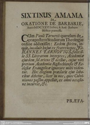 Sixtinus Amama in Oratione De Barbarie, Anno MDCXXVI habita, & Anti-Barbaro Biblico praemissa
