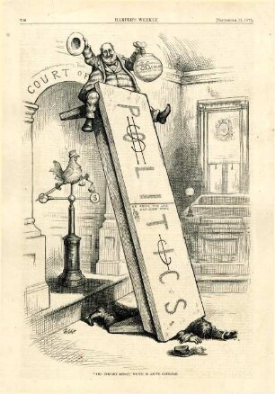 "The upright bench", which is above criticism : Tweed sitzt mit einem Geldsack in der Hand auf einer umgekippten Bank. Unter der Bank ist ein Mann eingeklemmt
