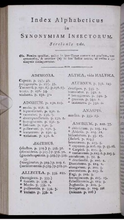 Index Alphabeticus in Synonymiam Insectorum. Sections 2:dae. [Pages arabische Paginierung]