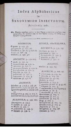 Index Alphabeticus in Synonymiam Insectorum. Sections 2:dae. [Pages arabische Paginierung]
