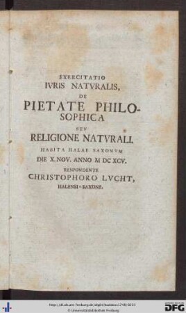 IV. Exercitatio Iuris Naturalis, De Pietate Philosophica Seu Religione Naturali.