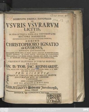 Dissertatio Jvridica Inavgvralis De Vsvris Vsurarvm Licitis
