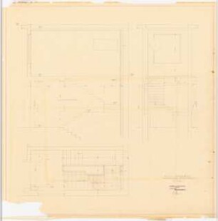 Büro- und Werkgebäude, Berlin-Marienfelde (Erweiterung Schindler-Aufzüge) 1. Projektstufe: Treppenhaus (Werkgebäude). Aufstockung. Schnitt, Grundrisse 1:20