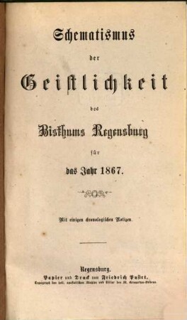 Schematismus des Bistums Regensburg. 1867, 1867