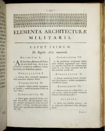 Elementa Architecturae Militaris Caput Primum. De Regulis Artis Muniendi.