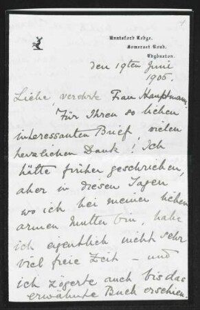 Brief von Ethel Mary Fiedler an Margarete Hauptmann