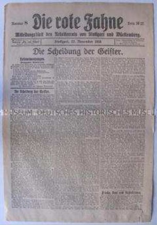 Mitteilungsblatt des Arbeiterrates von Stuttgart und Württemberg "Die rote Fahne" zur Diskussion um die Ziele der Revolution