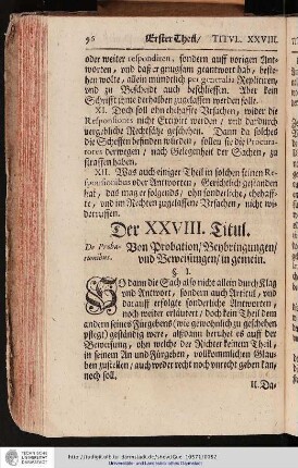 Der XXVIII. Titul. Von Probation, Beybringungen und Beweisungen in gemein