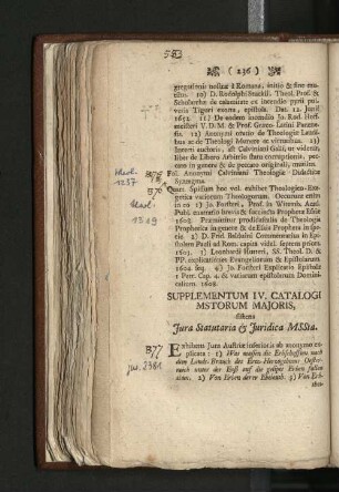 Supplementum IV. Catalogi Mstroum Majoris, fiftens Jura Statutaria & Juridica MSSta.