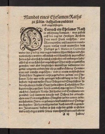 A3r-A3v, Mandat eines Ehrsamen Raths zu Cölln...