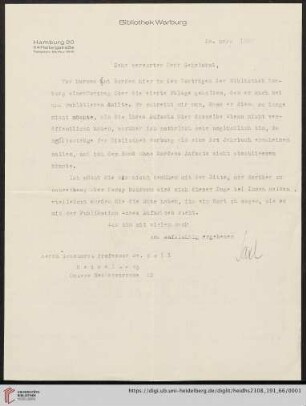 Brief von Fritz Saxl von Bibliothek Warburg (Hamburg) an Franz Boll