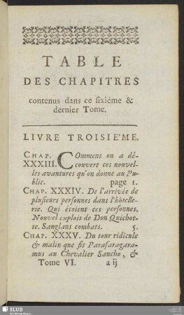 Table Des Chapitres contenus dans ce sixiéme & dernier Tome