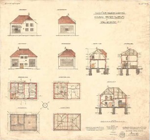Mellinger, Ludwig von; München; Armeemuseum - Neubau, Stallgebäude (Grundriss Fundament, Grundriss EG, Grundriss 1. OG, Grundriss Sparrenlage), Haupt - u. Vorderseite (Ansichten), Seiten (Ansichten), Schnitte