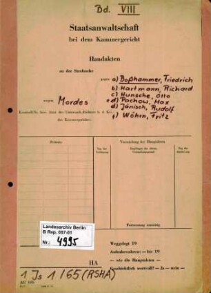 Strafverfahren gegen Friedrich Boßhammer (*20.12.1906, +17.12.1972) u.a. wegen der Beihilfe zum Mord im Rahmen der "Endlösung der Judenfrage", insbesondere aufgrund der Deportation und Ermordung von mindestens 3336 Juden aus Italien, die er als Leiter des Judenreferats IV B 4 des BdS (Befehlshaber der Sicherheitspolizei und des SD) in Verona ab 1944 als Mittäter durchführte