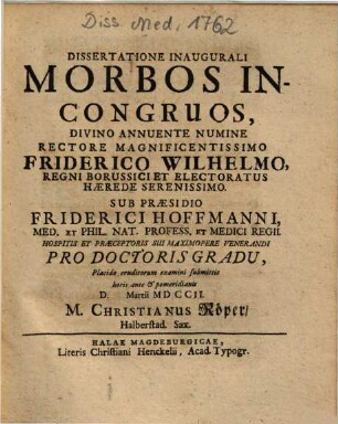Dissertatione Inaugurali Morbos Incongruos