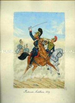 Uniformdarstellung, Offizier und Signalist der Reitenden Artillerie zu Pferd, Sachsen, 1859.