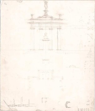 Bühlmann, Josef; Herrschaftl. Vorstadthaus - Innenraum mit Büste (Grundriss, Ansicht, Details)