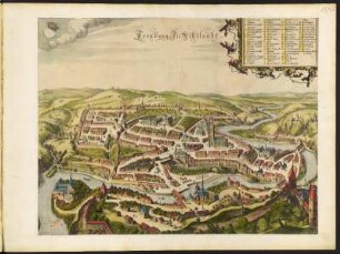 Stadtplan von Freiburg, Schweiz, 1:3 400, kolorierter Kupferstich, um 1660 : Freyburg In Uchtlandt . [Ca. 1:3.400] / [Amsterdam] : [Ioannes Ianssonius], [1660]. - 1 Vogelschaukarte : 1 Kupferst. ; 49,8 x 38,5 cm - Mit 1 Wappen links oben - NW oben. - Mit Gebäudeverz. - Titel oben Mitte - Vermutl. aus: Theatrum Exhibens Celebriores Galliae Et Helvetiae Urbes