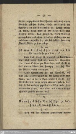 X. Unmaßgebliche Vorschläge zu bessern Ofenaufsätzen
