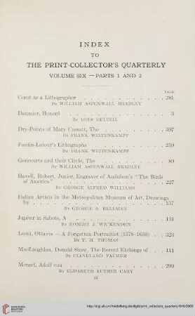 Index to the print-collector's quarterly. Volume six - parts 1 and 2