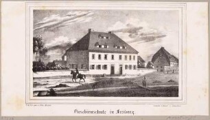 Die Eusebienschule in Freiberg (in der damaligen Vorstadt Neusorge im Südwesten der Stadt), Blatt aus Sachsens Kirchen-Galerie von Hermann Schmidt, 1838, Bd. 2