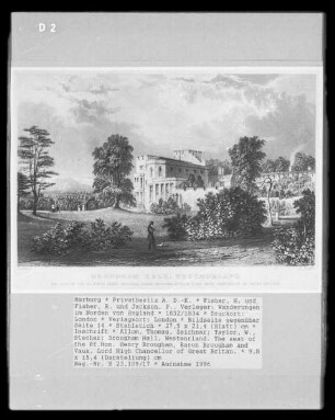 Wanderungen im Norden von England, Band 1 — Bildseite gegenüber Seite 14 — Brougham Hall, Westmorland. The seat of the Rt.Hon. Henry Brougham, Baron Brougham and Vaux, Lord High Chancellor of Great Britan.