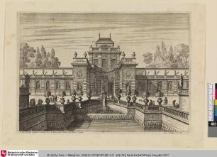 [Fassade einer Grotte, die von einem Pavillon überragt wird; Facade d'une grotte surmontée d'un pavillon]