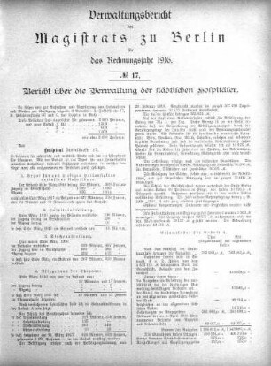 No. 17. Bericht über die Verwaltung der städtischen Hospitäler
