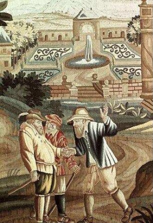 Begrüßungsszene vor einem Landschaftsgarten
