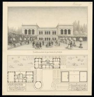 Gesellschaftslokal Monatskonkurrenz September 1833: Grundriss Erdgeschoss, Obergeschoss, Dachgeschoss, perspektivische Ansicht; Maßstabsleiste, Raumprogramm