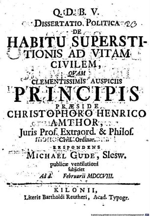 Dissertatio Politica De Habitu Superstitionis Ad Vitam Civilem
