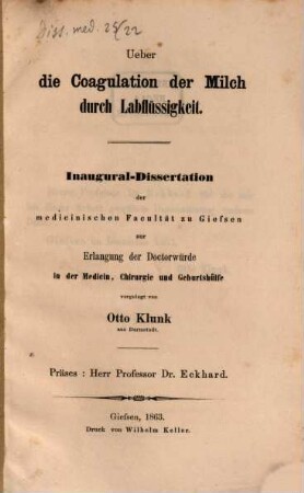Ueber die Coagulation der Milch durch Labflüssigkeit : Inaug. Diss.